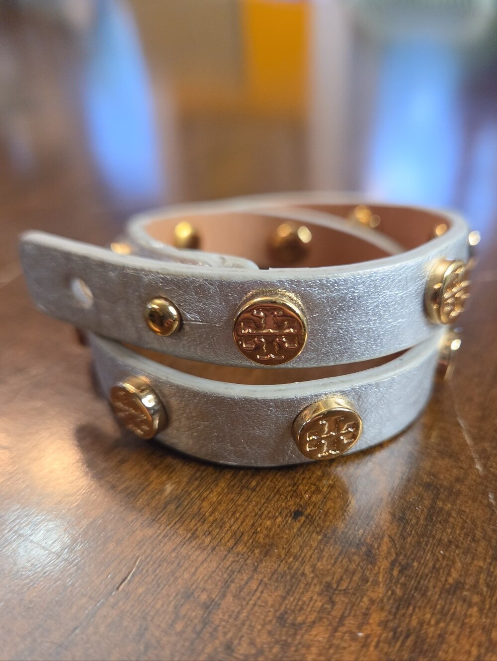Tory Burch Silver Leather Double-Wrap Bracelet with Gold Logo Studs